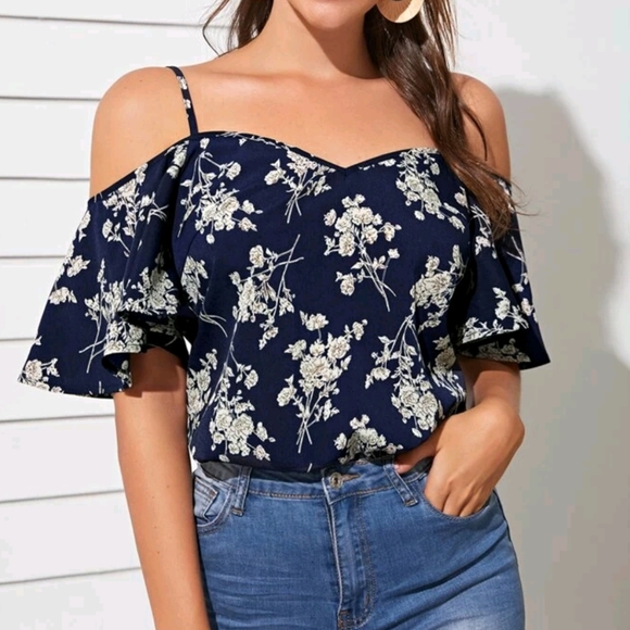 SHEIN cold shoulder botanical print top - Picture 3 of 12